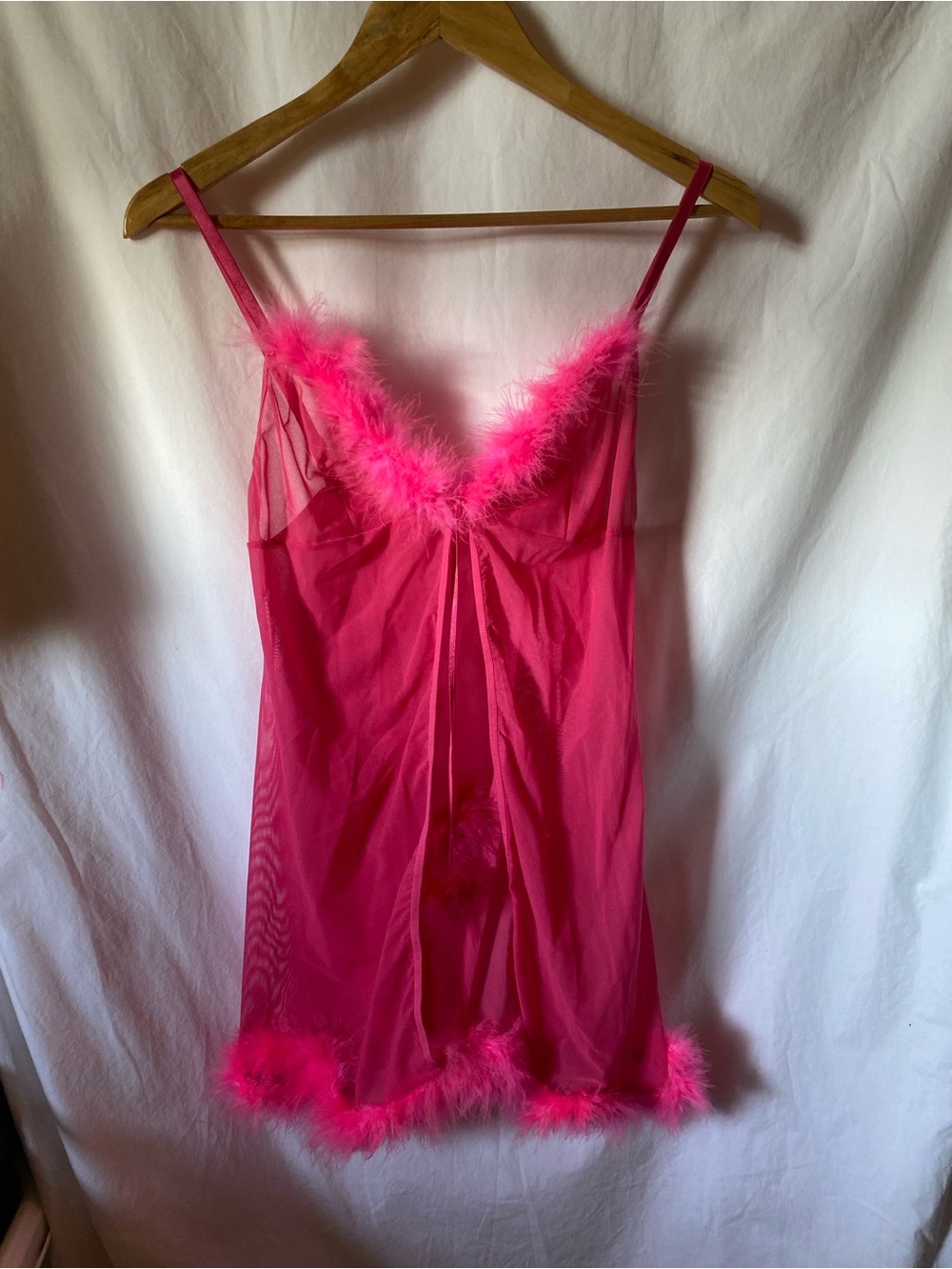 Sheer Hot Pink Marabou-Trim Slip Chemise